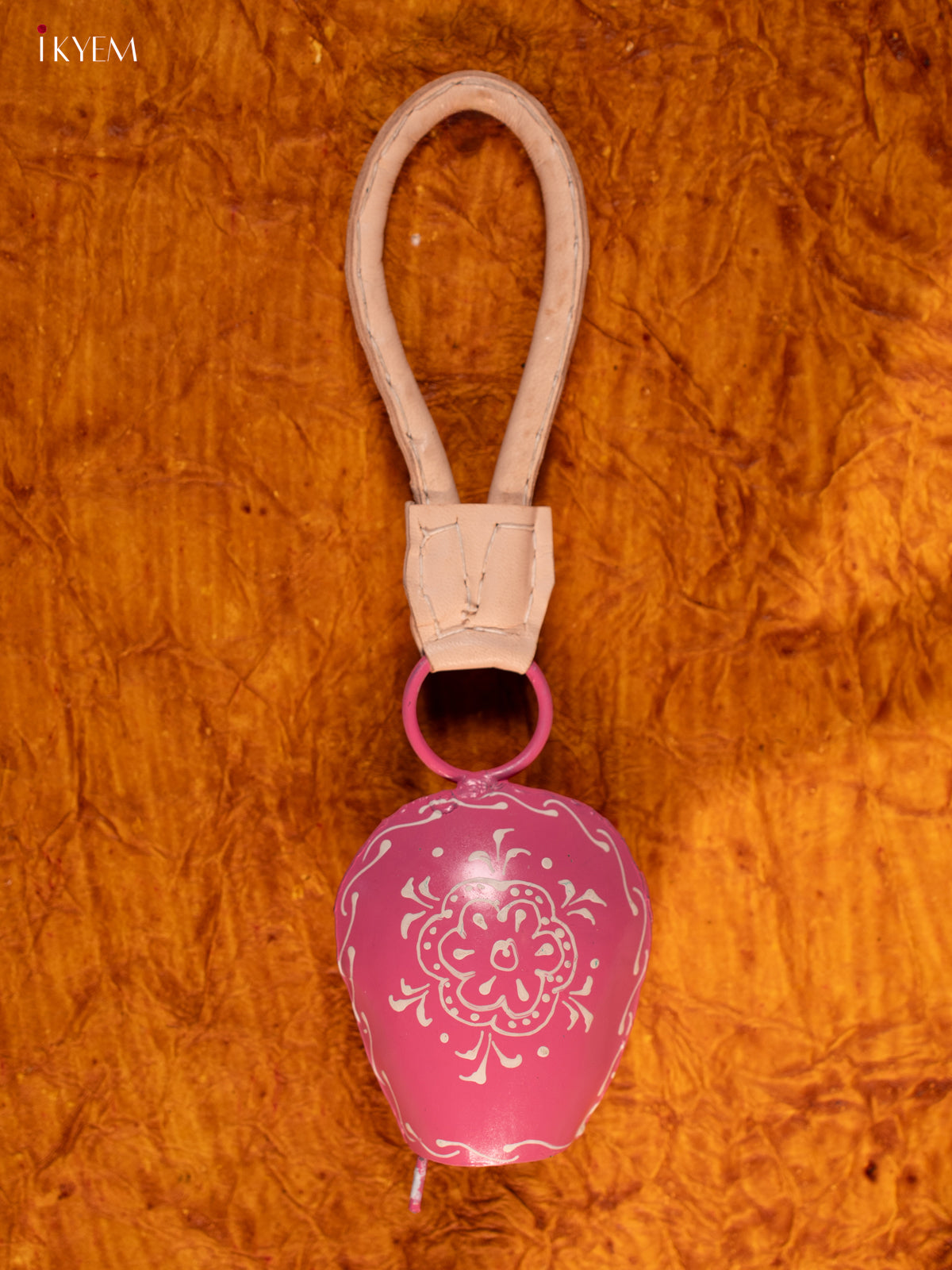 Hand Painted Cow Bell with Leather Handle- Small - Pink with White - KA11117