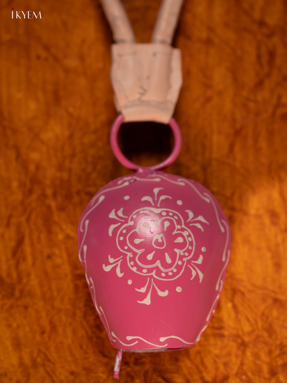 Hand Painted Cow Bell with Leather Handle - Small - Pink with White - KA11117