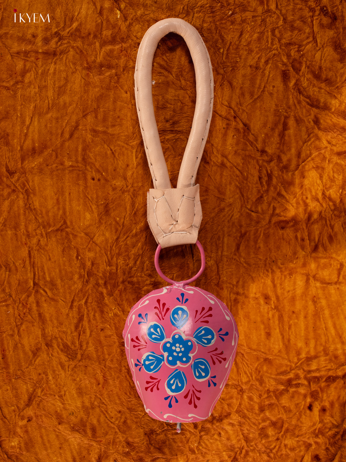 Hand Painted Cow Bell with Leather Handle - Small - Pink with Blue - KA11118