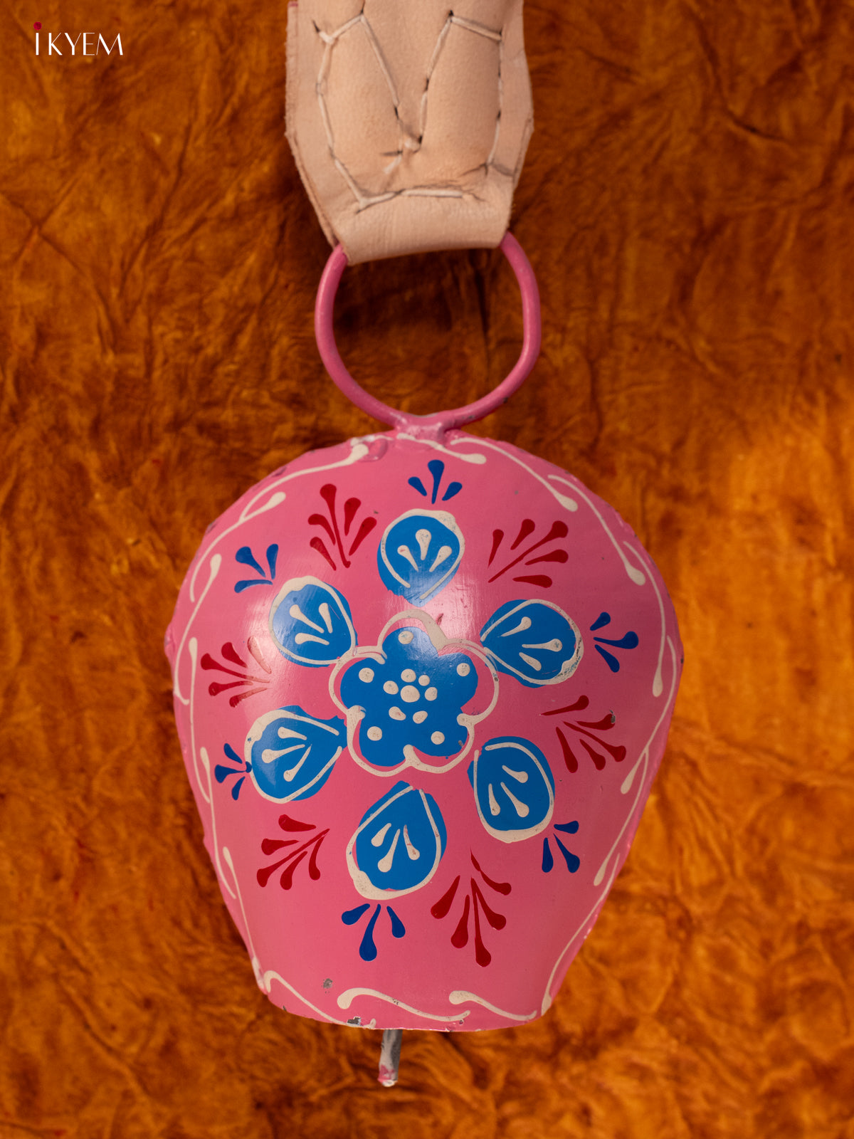 Hand Painted Cow Bell with Leather Handle - Small - Pink with Blue - KA11118