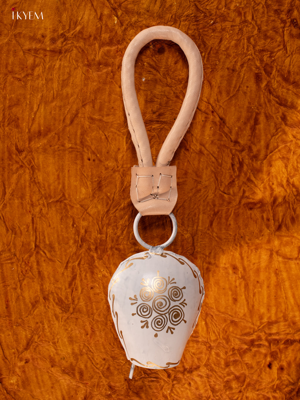 Hand Painted Cow Bell with Leather Handle - Small - White with Gold - KA11119