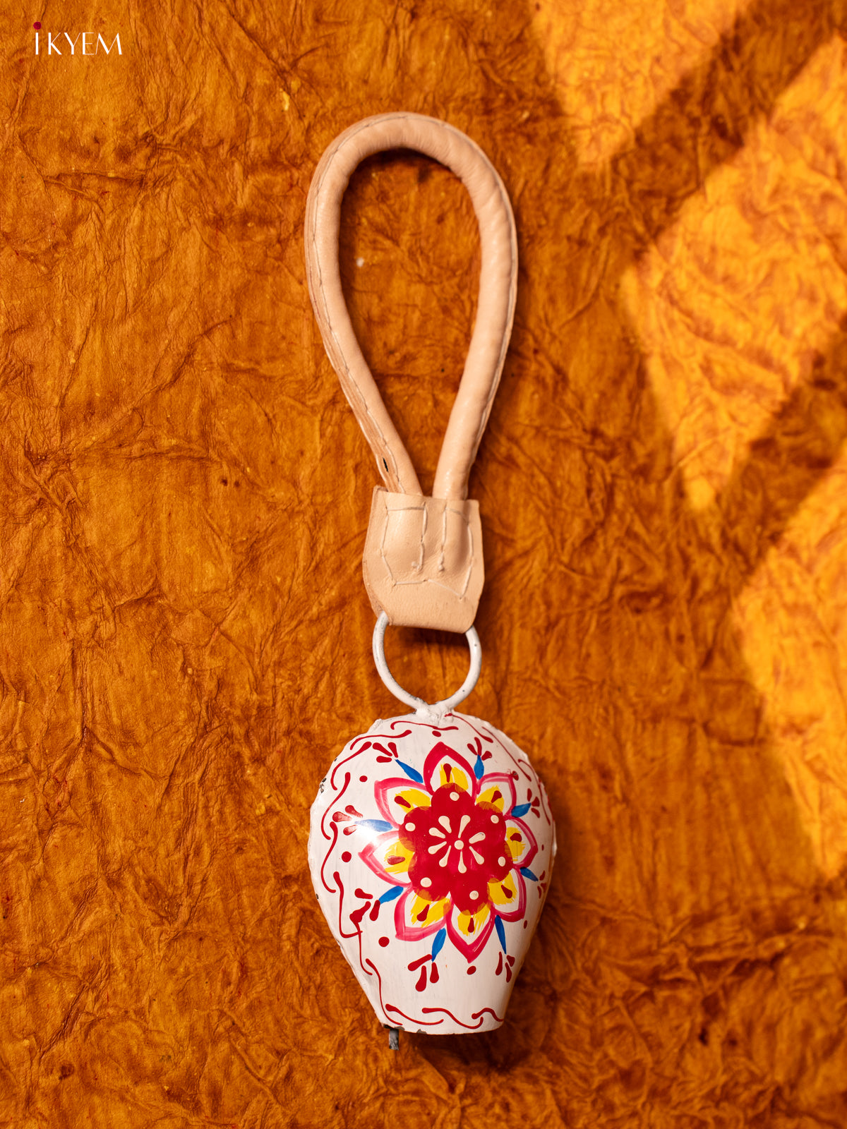 Hand Painted Cow Bell with Leather Handle - Small - White with Red - KA11120