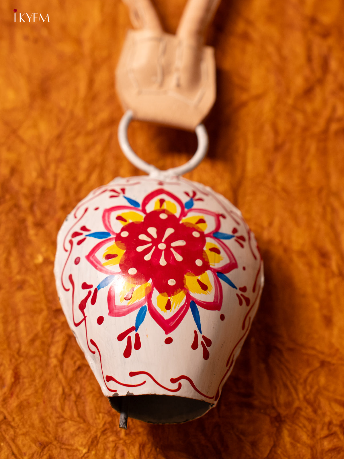 Hand Painted Cow Bell with Leather Handle - Small - White with Red - KA11120