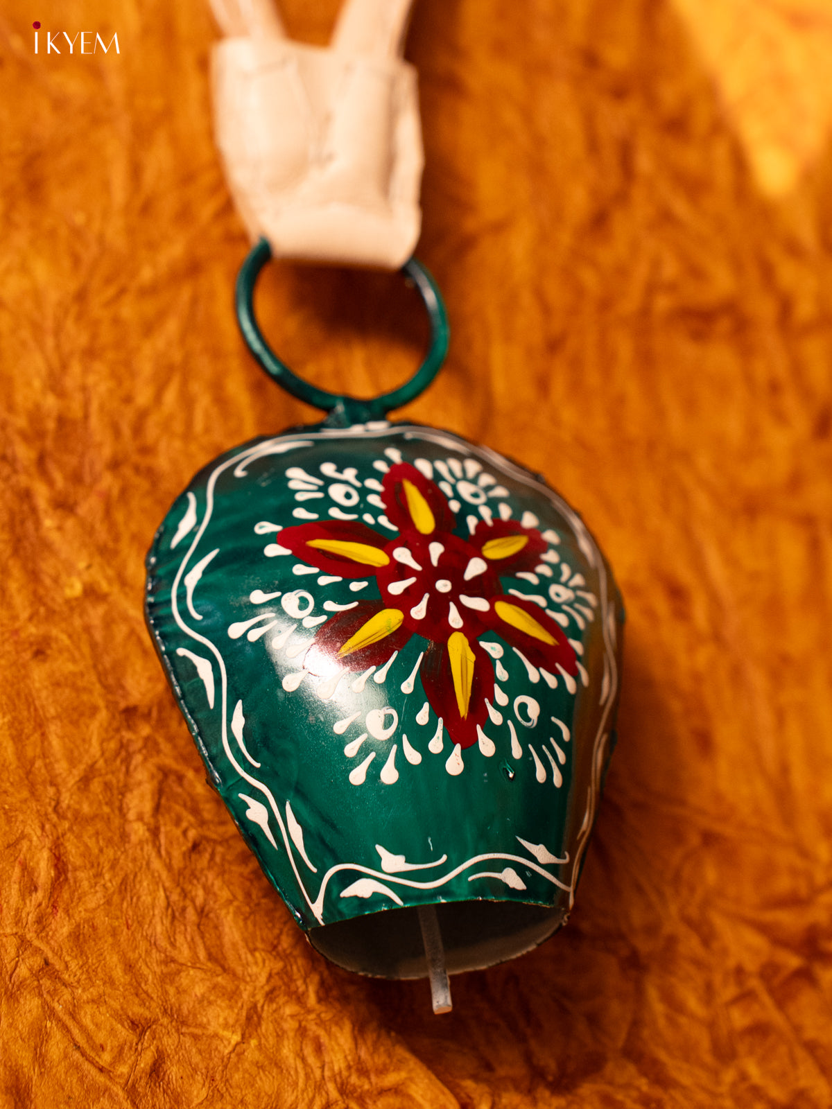 Hand Painted Cow Bell with Leather Handle - Small - Green with Red - KA11121