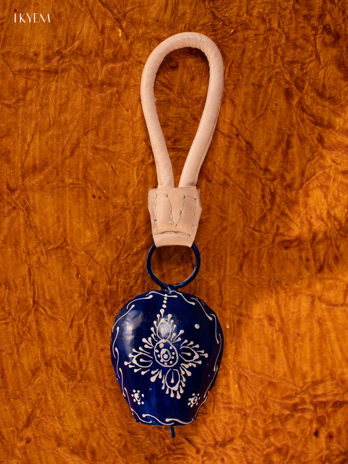 Hand Painted Cow Bell with Leather Handle - Small - Dark Blue - KA11122