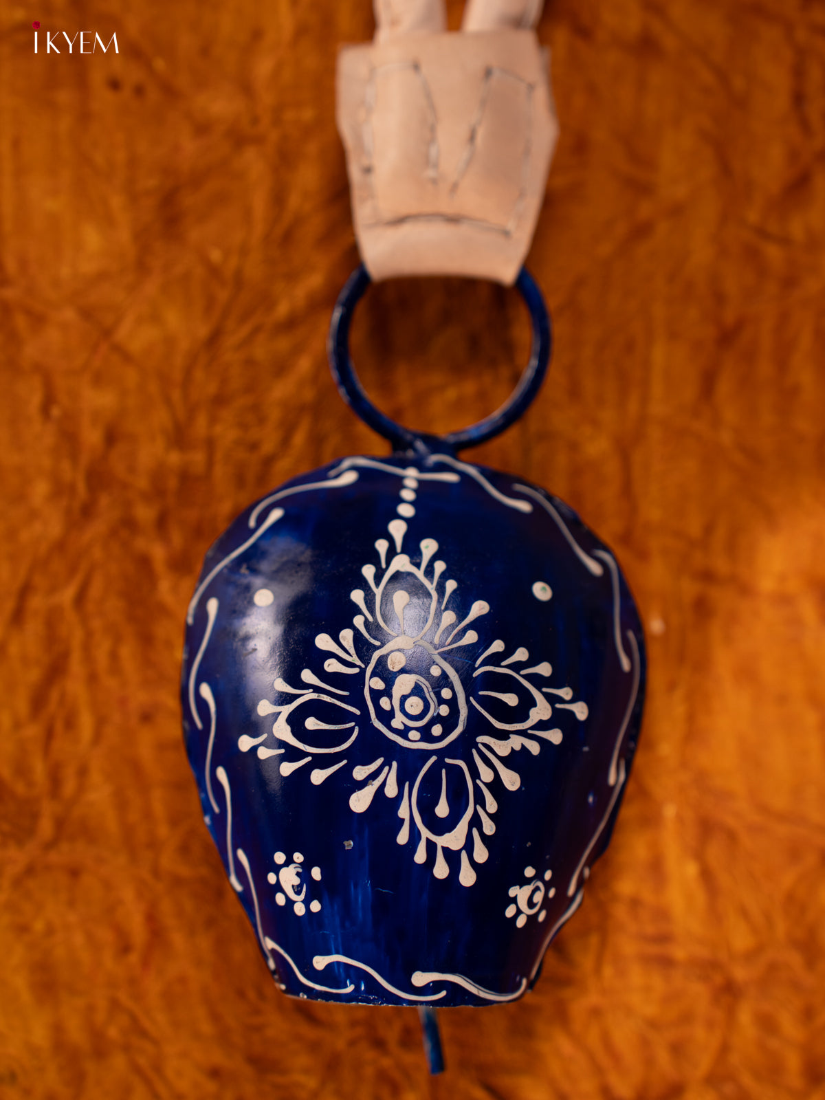 Hand Painted Cow Bell with Leather Handle - Small - Dark Blue - KA11122