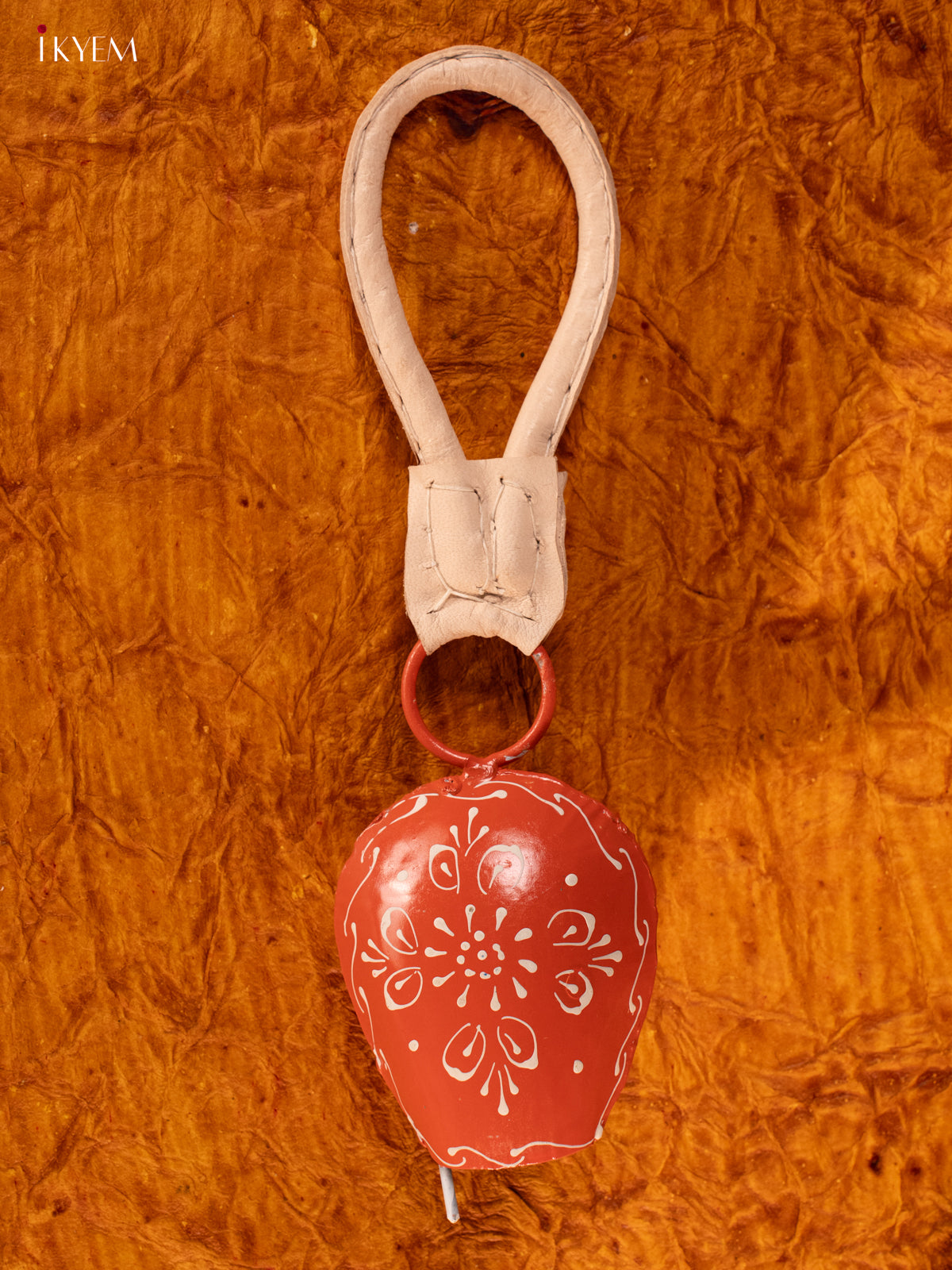 Hand Painted Cow Bell with Leather Handle - Small - Orange - KA11124