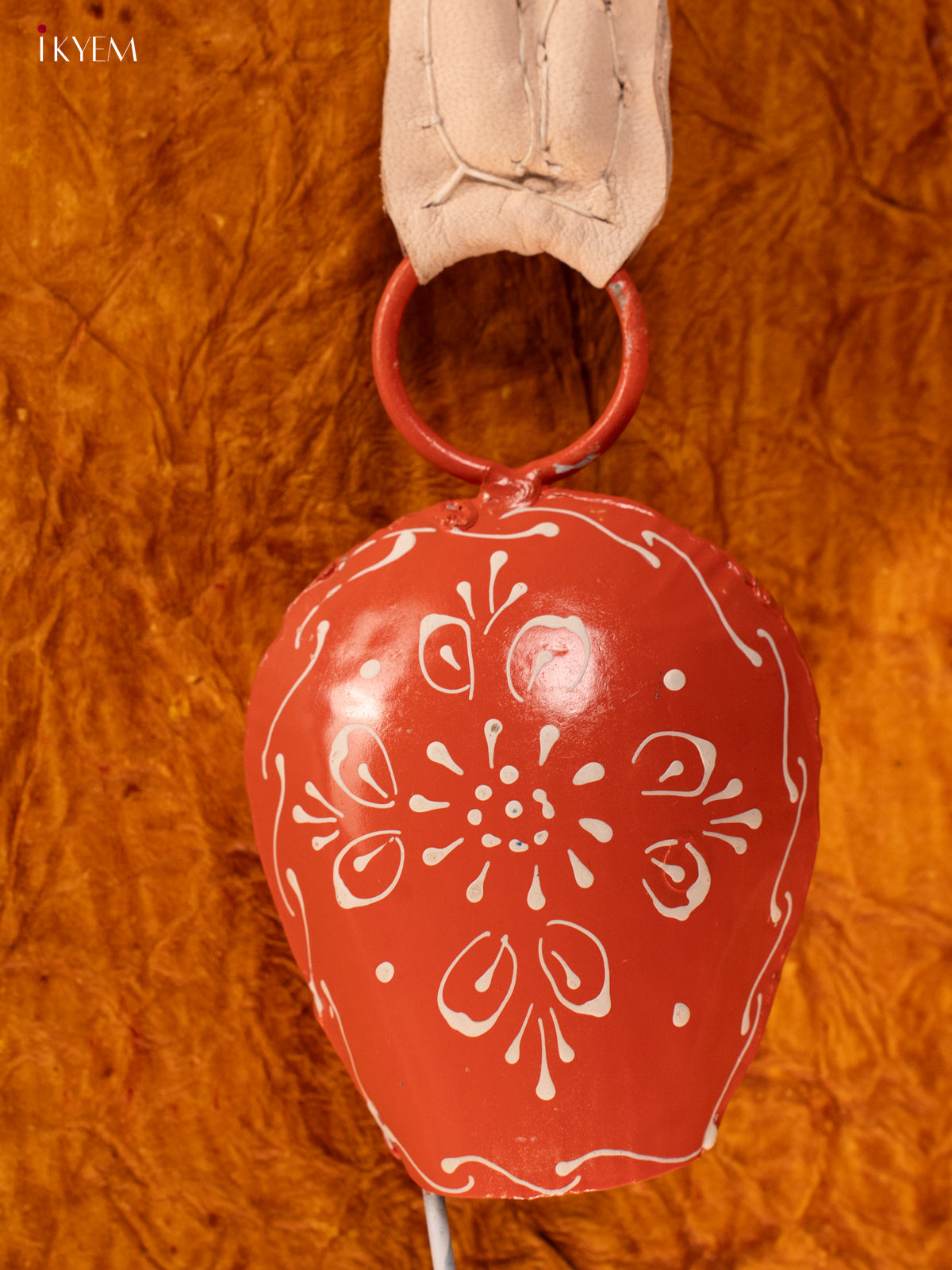 Hand Painted Cow Bell with Leather Handle - Small - Orange - KA11124