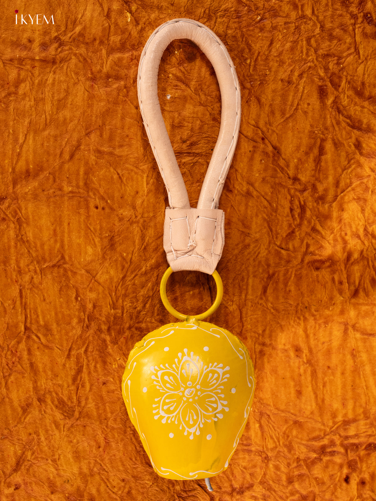 Hand Painted Cow Bell with Leather Handle - Small - Yellow - KA11125