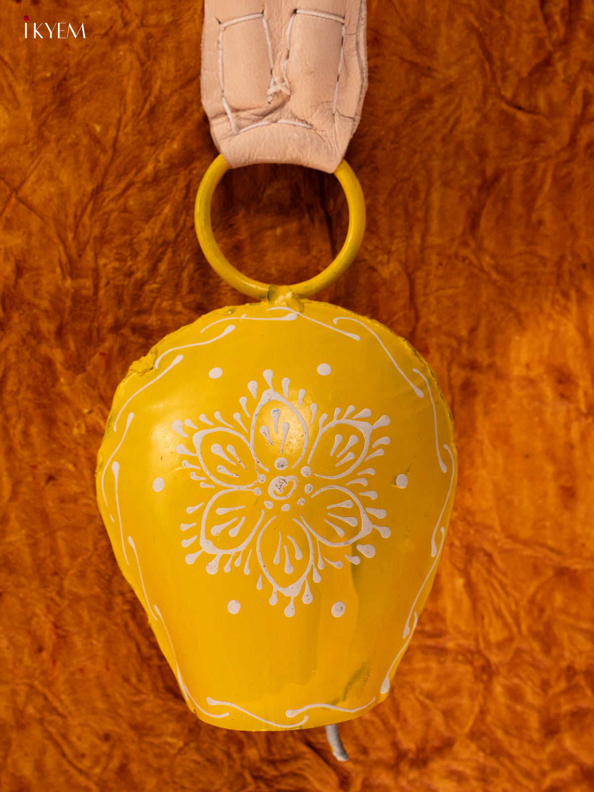 Hand Painted Cow Bell with Leather Handle - Small - Yellow - KA11125