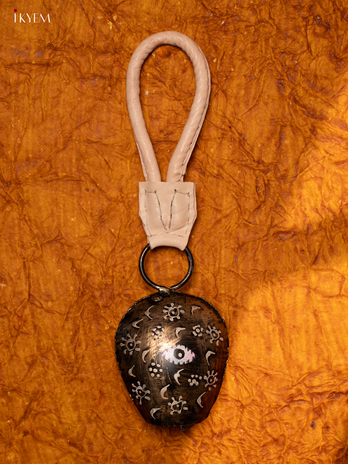 Hand Painted Cow Bell with Leather Handle - Small - Black with Gold - KA11127