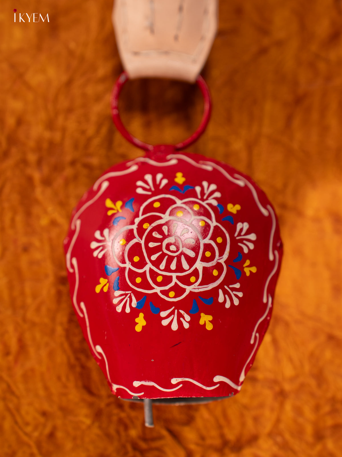 Hand Painted Cow Bell with Leather Handle - Small - Red with White - KA11129