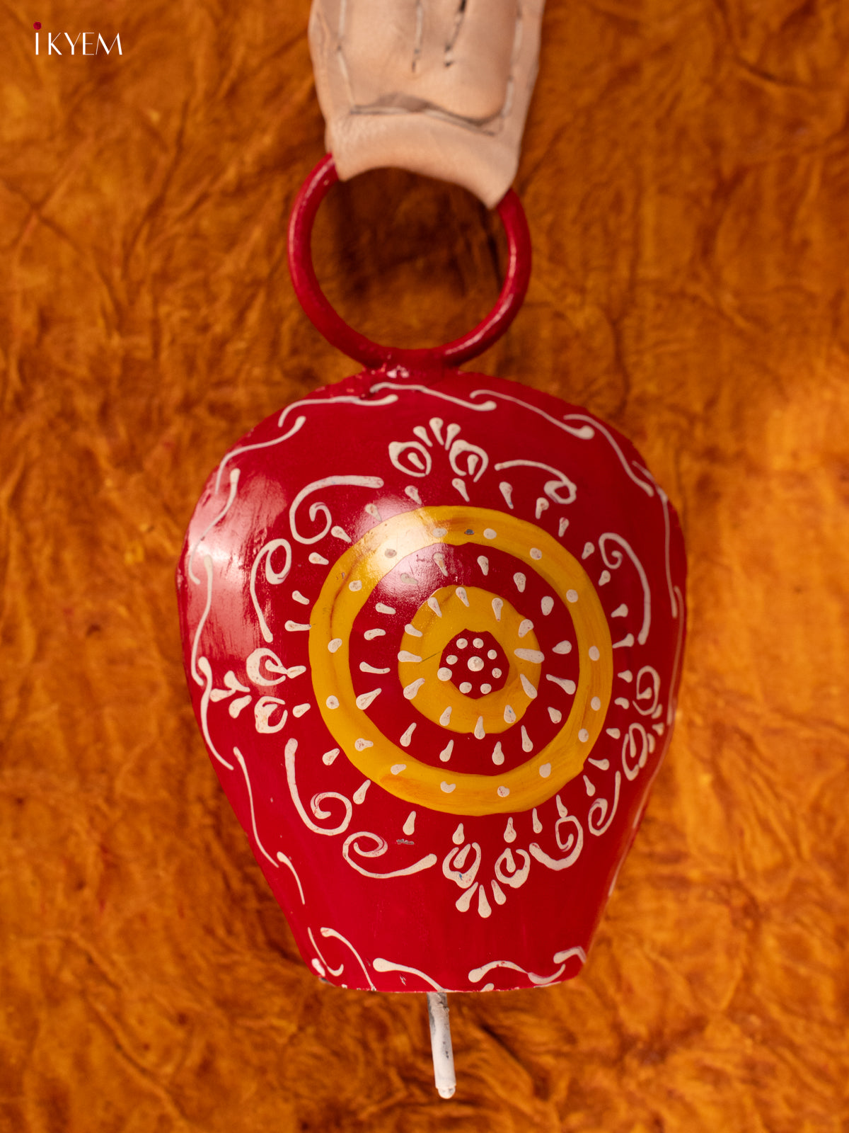 Hand Painted Cow Bell with Leather Handle - Small - Red with Yellow - KA11130