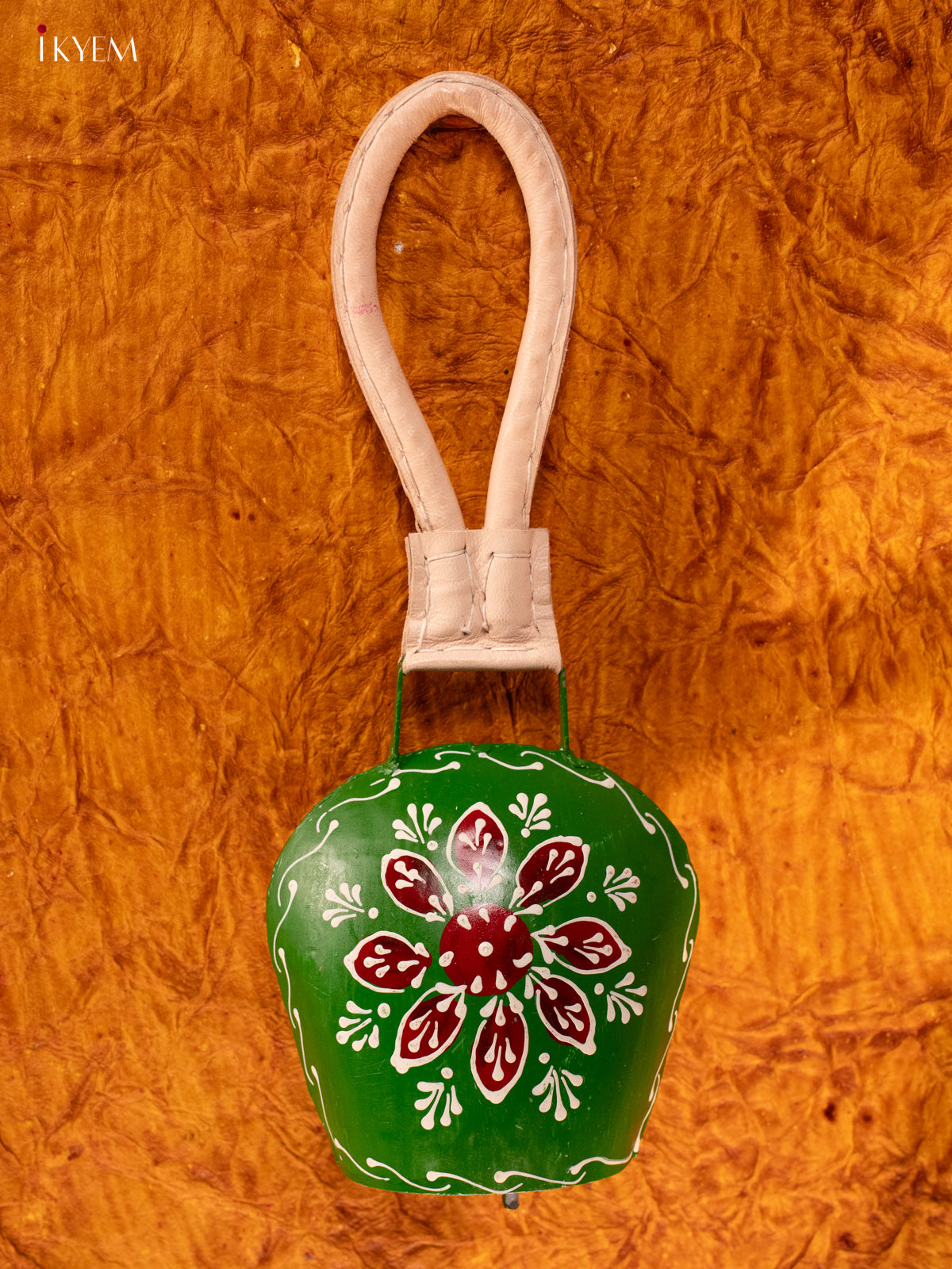 Hand Painted Cow Bell with Leather Handle - Medium - Parrot Green - KA11131