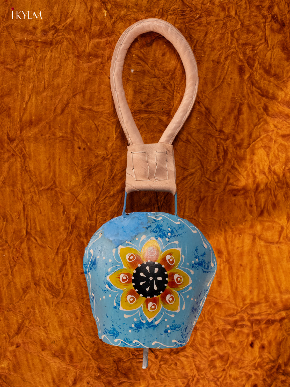 Hand Painted Cow Bell with Leather Handle - Medium - Sky Blue - KA11133