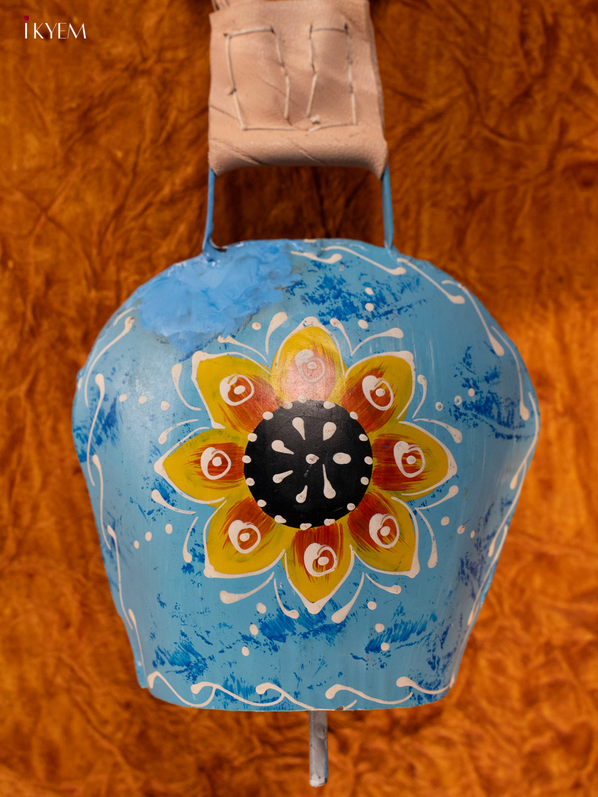 Hand Painted Cow Bell with Leather Handle - Medium - Sky Blue - KA11133