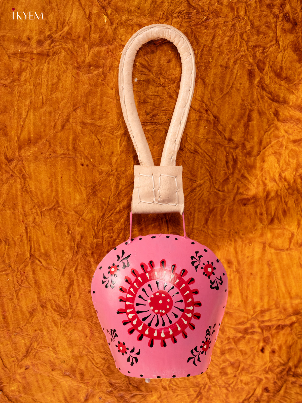 Hand Painted Cow Bell with Leather Handle - Medium - Pink with Red - KA11134