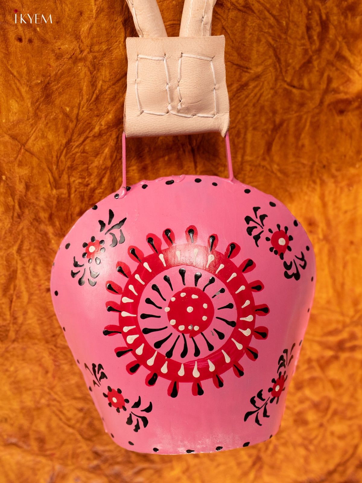 Hand Painted Cow Bell with Leather Handle - Medium - Pink with Red - KA11134