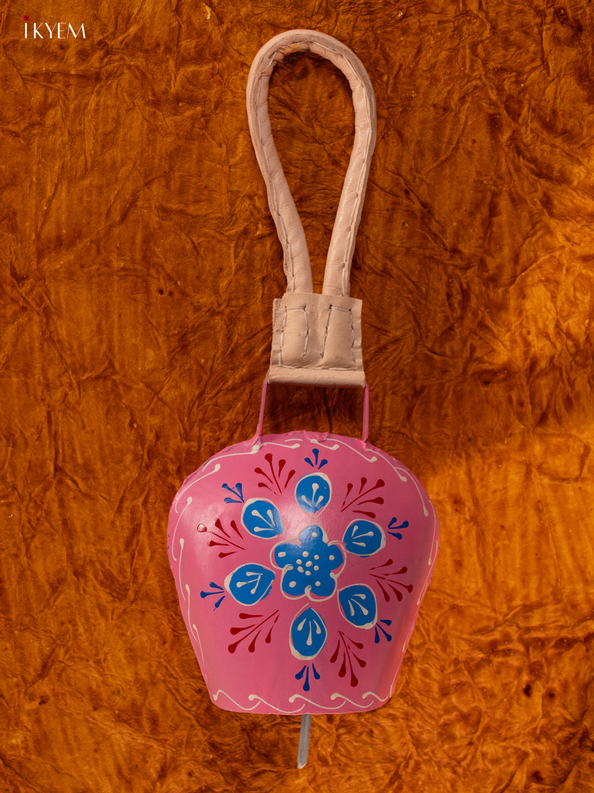 Hand Painted Cow Bell with Leather Handle - Medium - Pink with Blue - KA11135