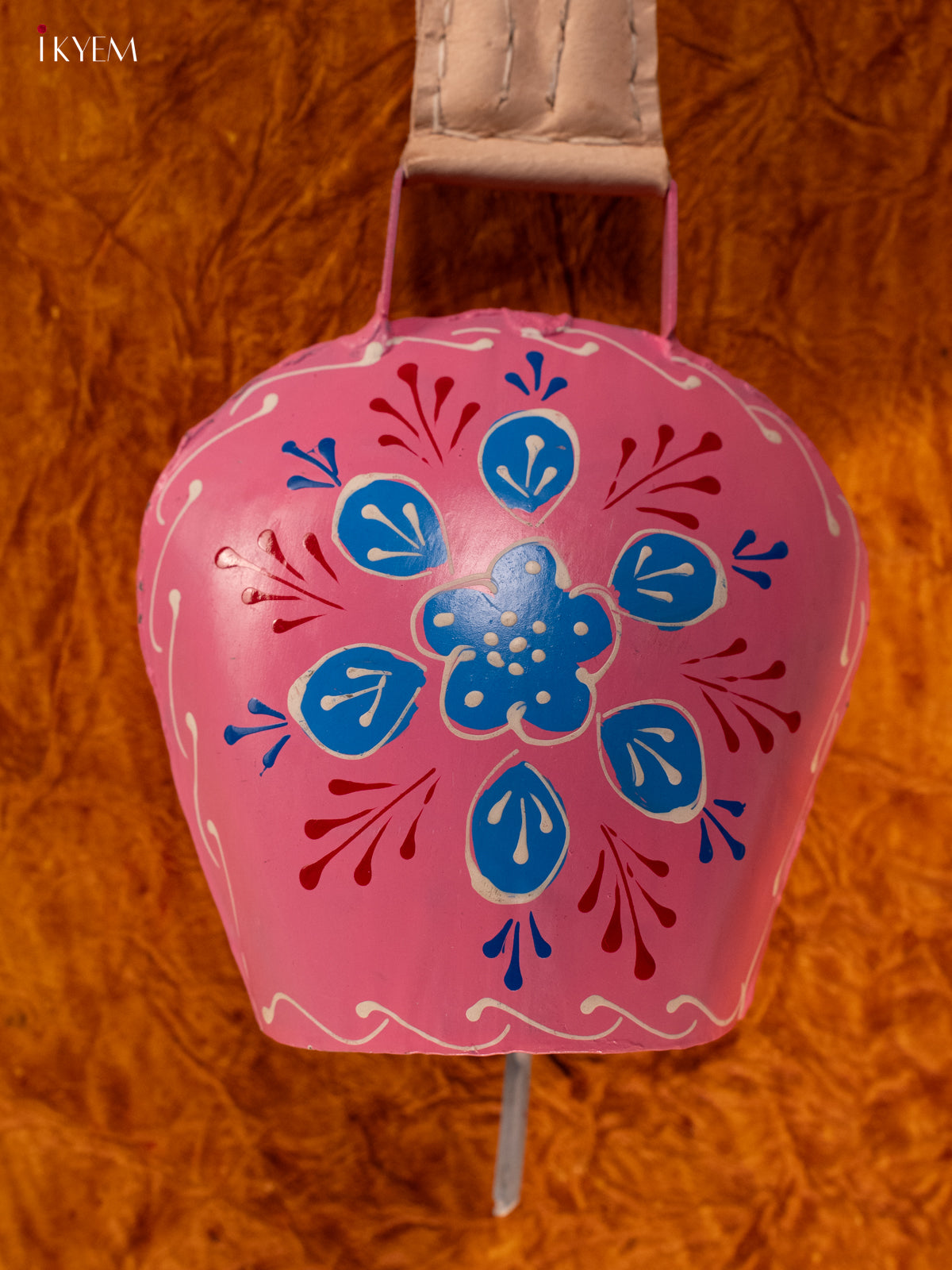 Hand Painted Cow Bell with Leather Handle - Medium - Pink with Blue - KA11135