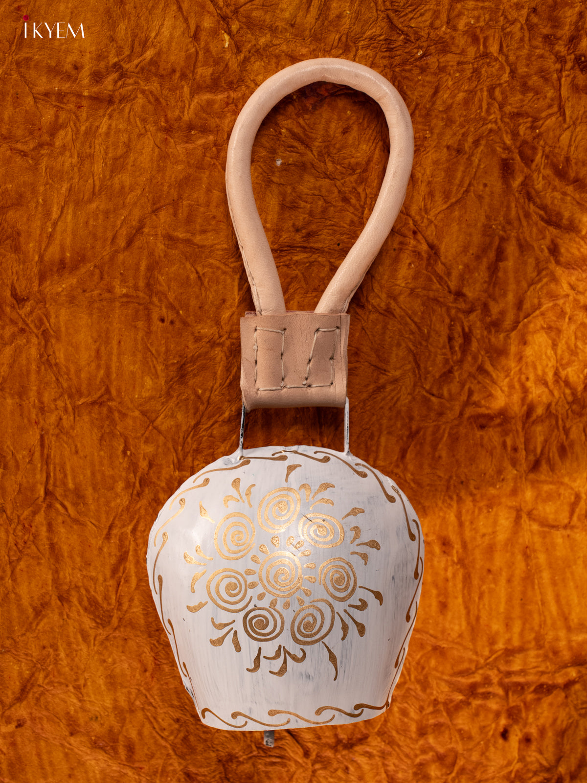 Hand Painted Cow Bell with Leather Handle - Medium - White with Gold - KA11136