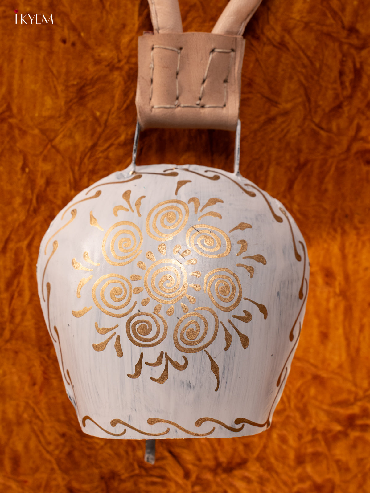 Hand Painted Cow Bell with Leather Handle - Medium - White with Gold - KA11136