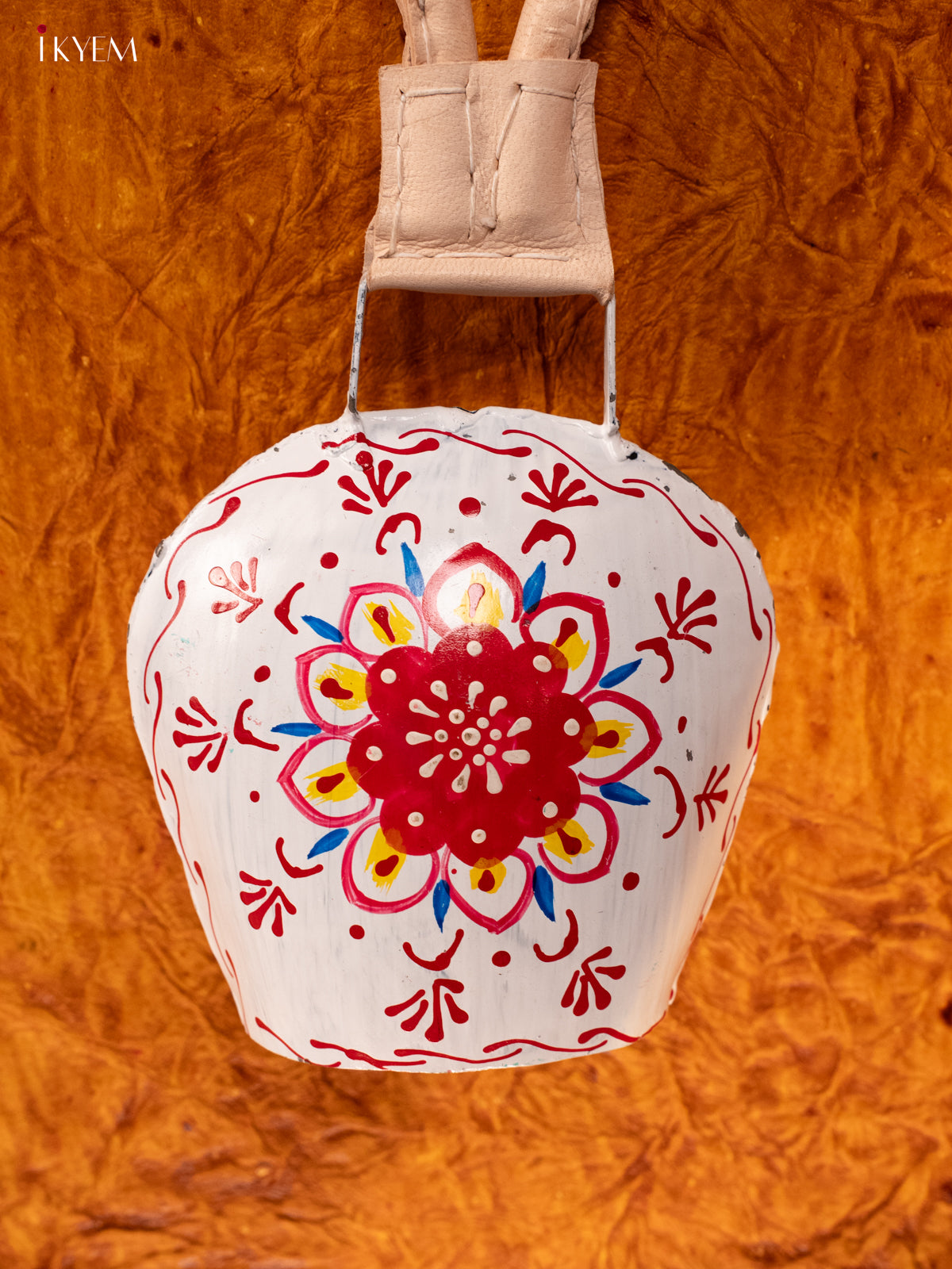 Hand Painted Cow Bell with Leather Handle - Medium - White with Red - KA11137