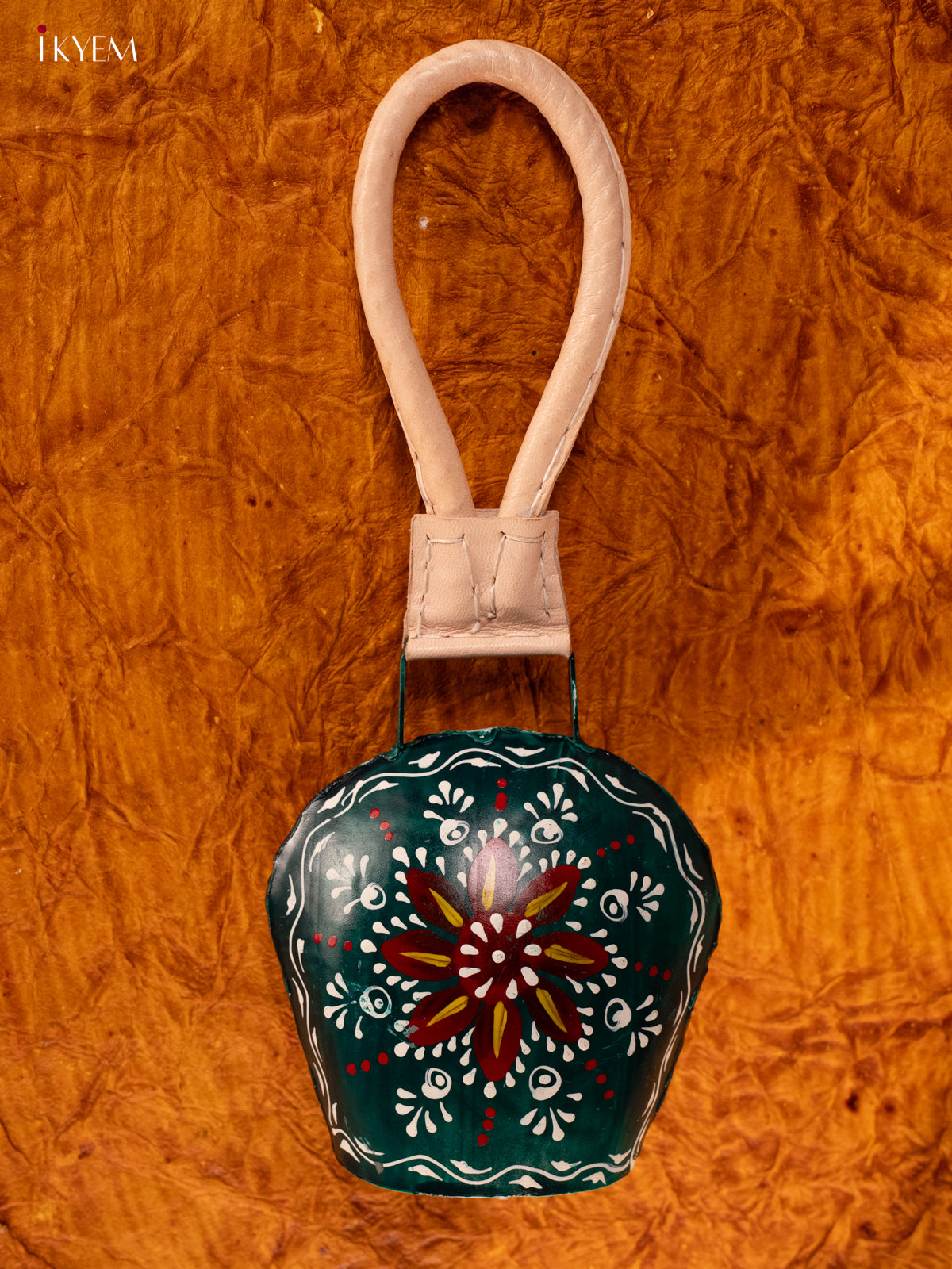 Hand Painted Cow Bell with Leather Handle - Medium - Green with Red - KA11138