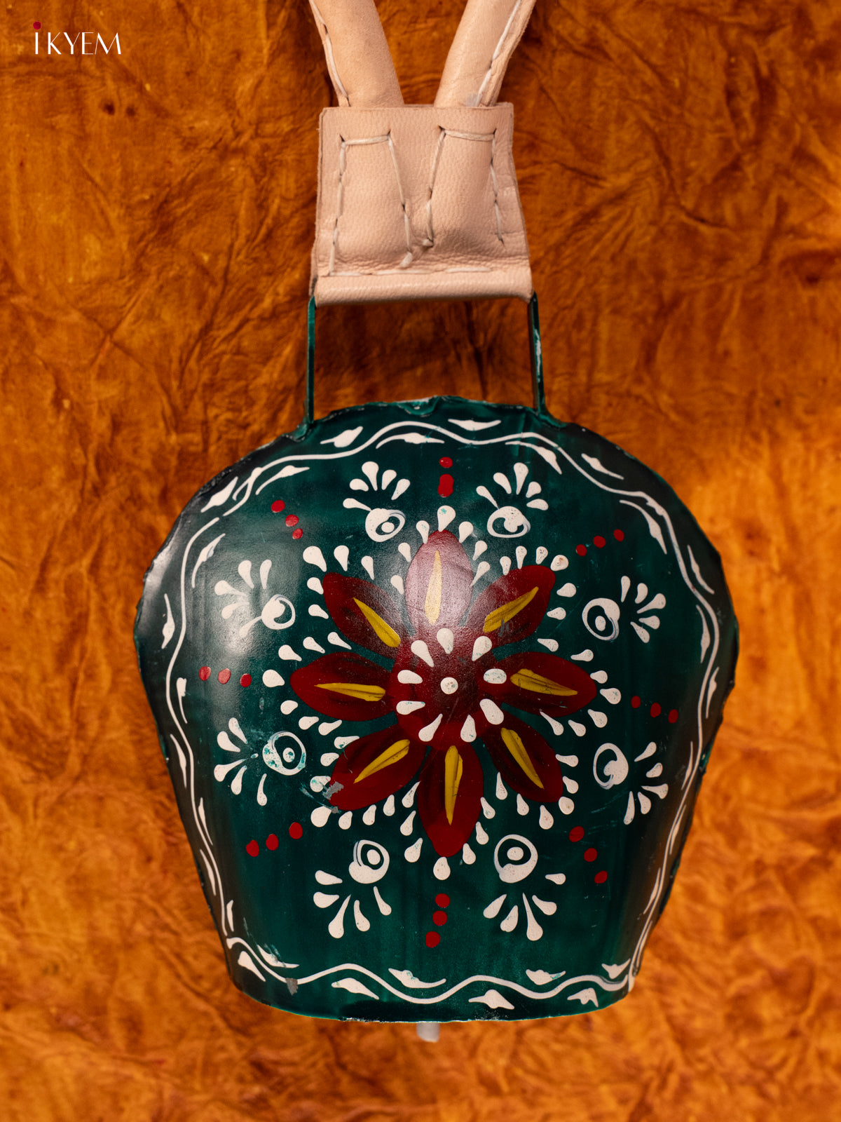 Hand Painted Cow Bell with Leather Handle - Medium - Green with Red - KA11138