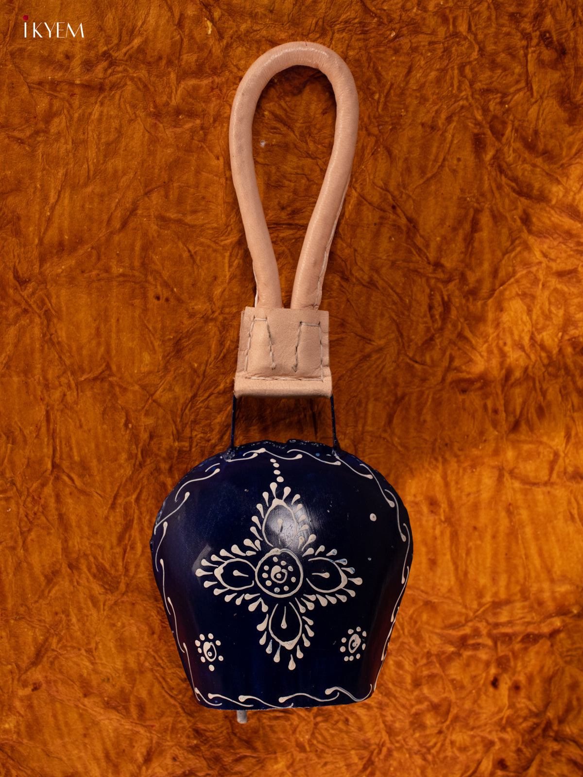 Hand Painted Cow Bell with Leather Handle - Medium - Dark Blue - KA11139