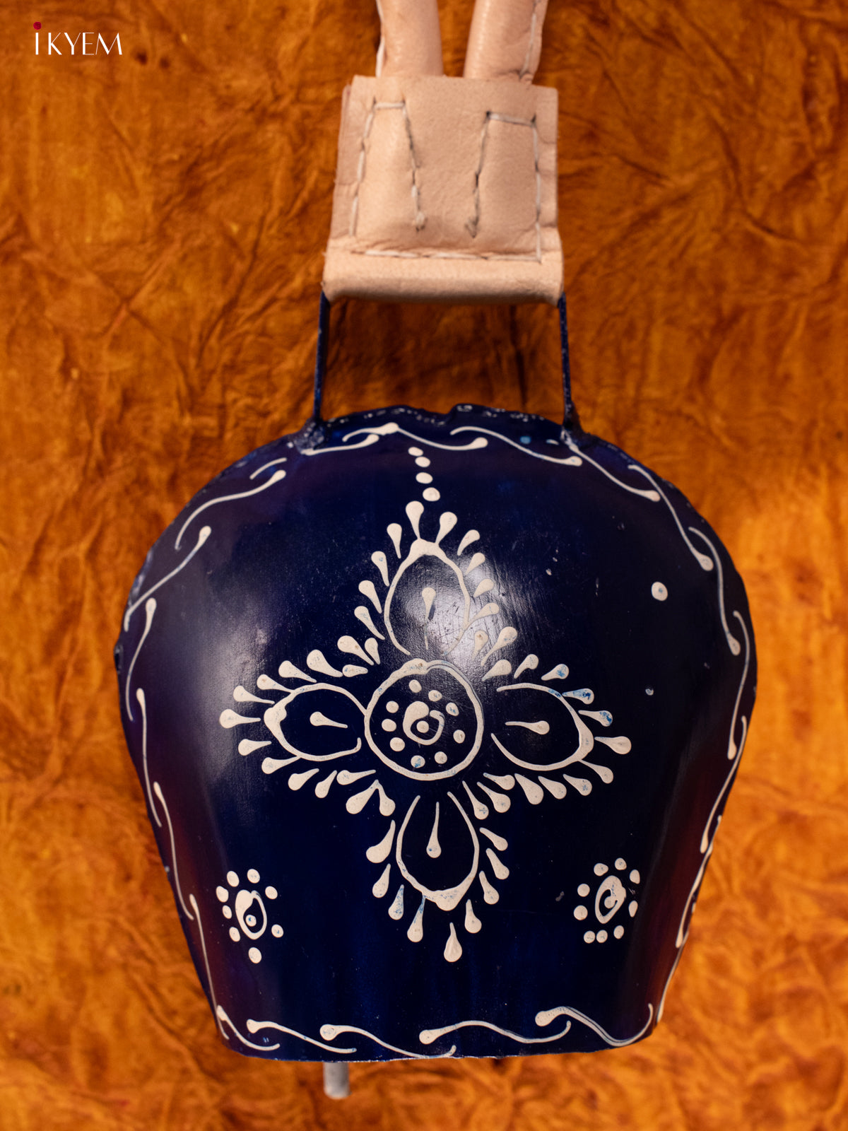 Hand Painted Cow Bell with Leather Handle - Medium - Dark Blue - KA11139