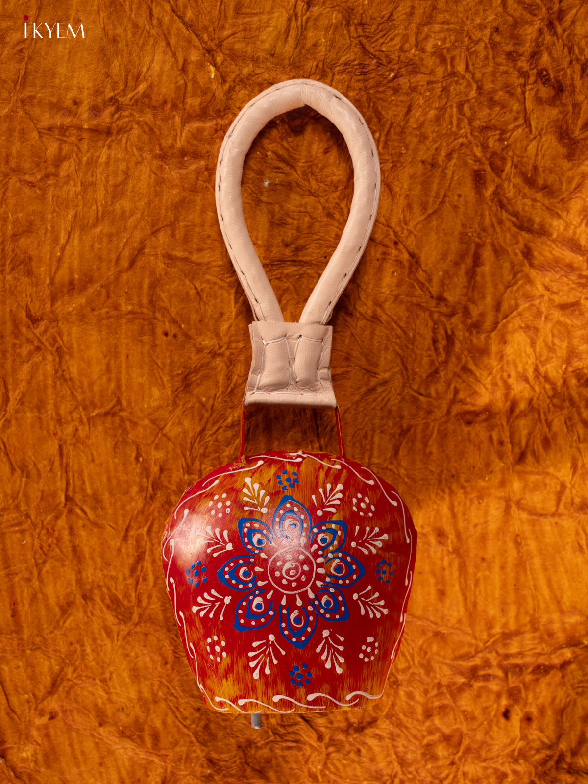 Hand Painted Cow Bell with Leather Handle - Medium - Multicolour - KA11140