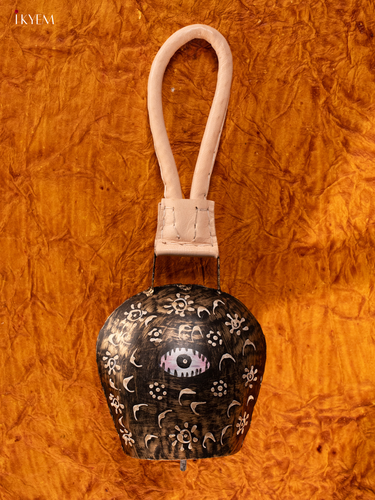 Hand Painted Cow Bell with Leather Handle - Medium - Black with Gold - KA11141