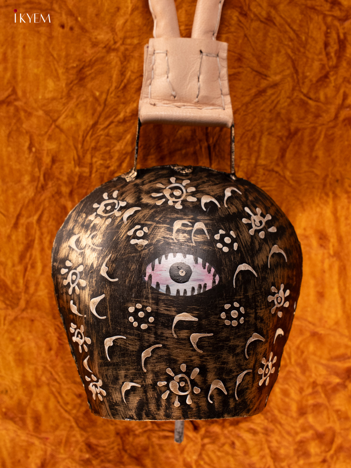 Hand Painted Cow Bell with Leather Handle - Medium - Black with Gold - KA11141