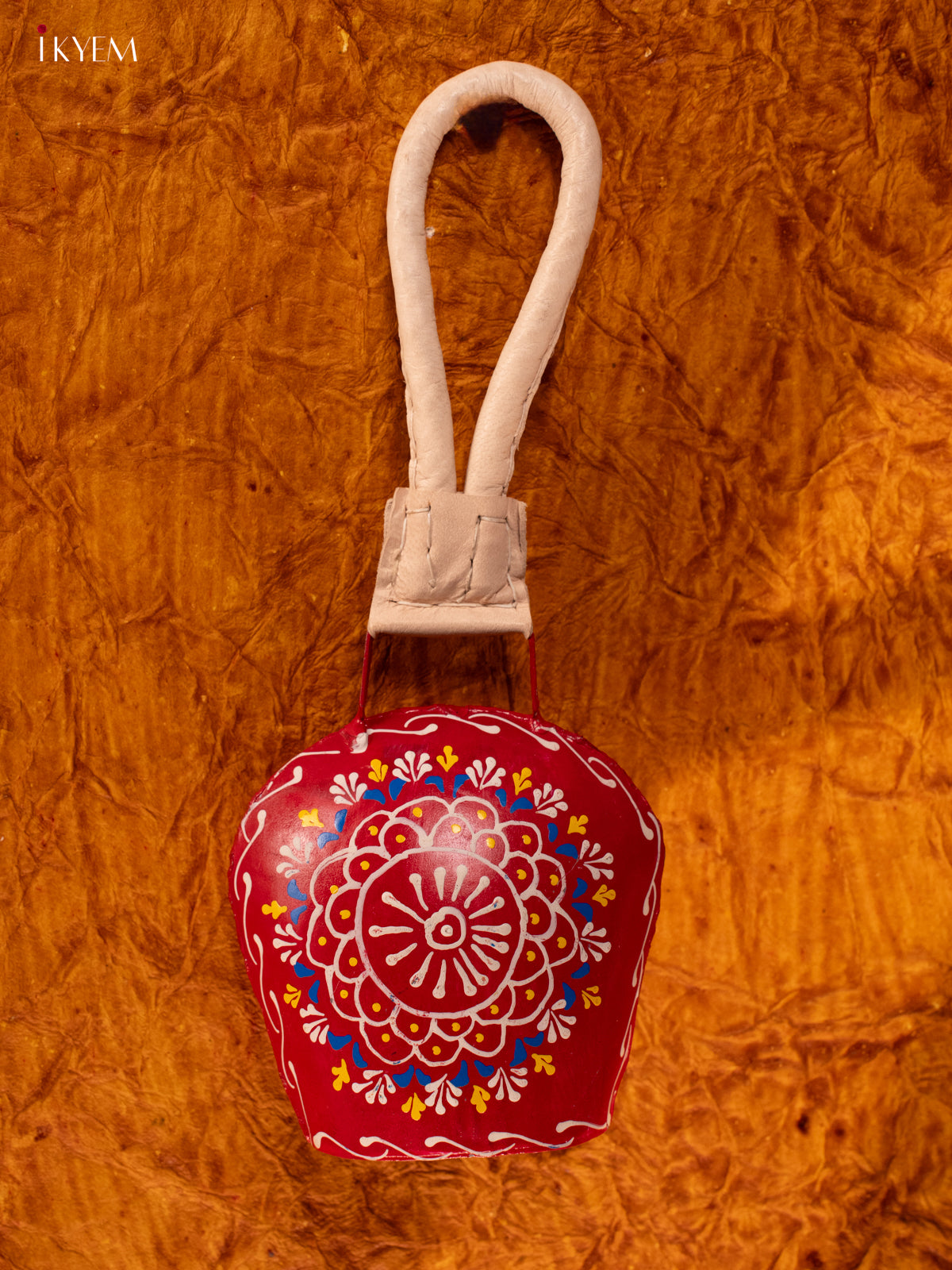 Hand Painted Cow Bell with Leather Handle - Medium - Red with White - KA11142