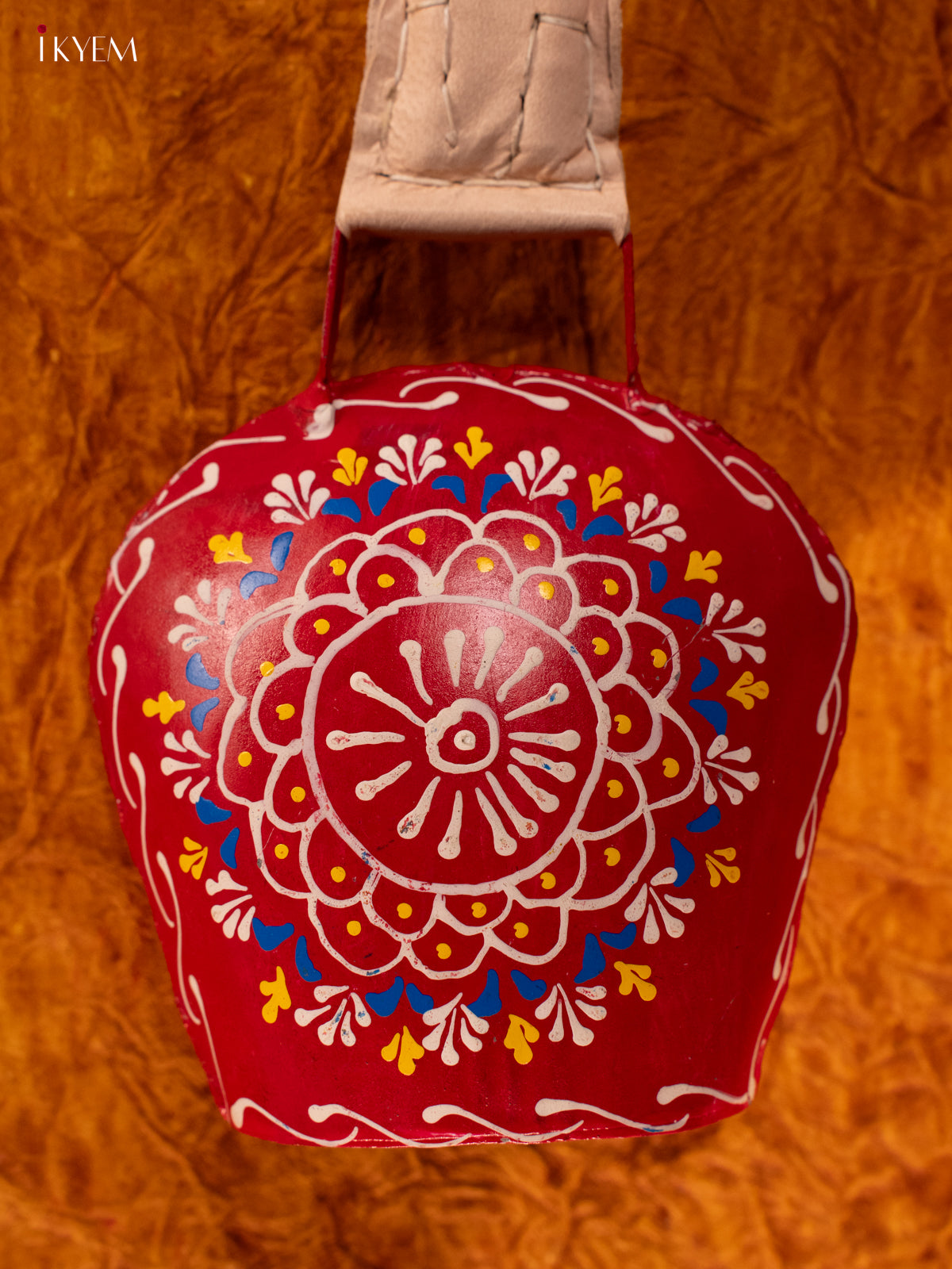 Hand Painted Cow Bell with Leather Handle - Medium - Red with White - KA11142