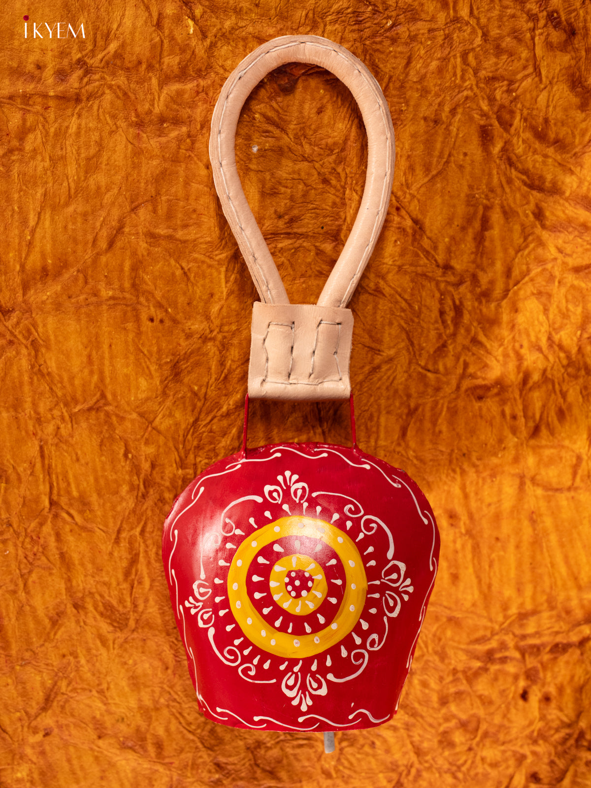 Hand Painted Cow Bell with Leather Handle - Medium - Red with Yellow - KA11143