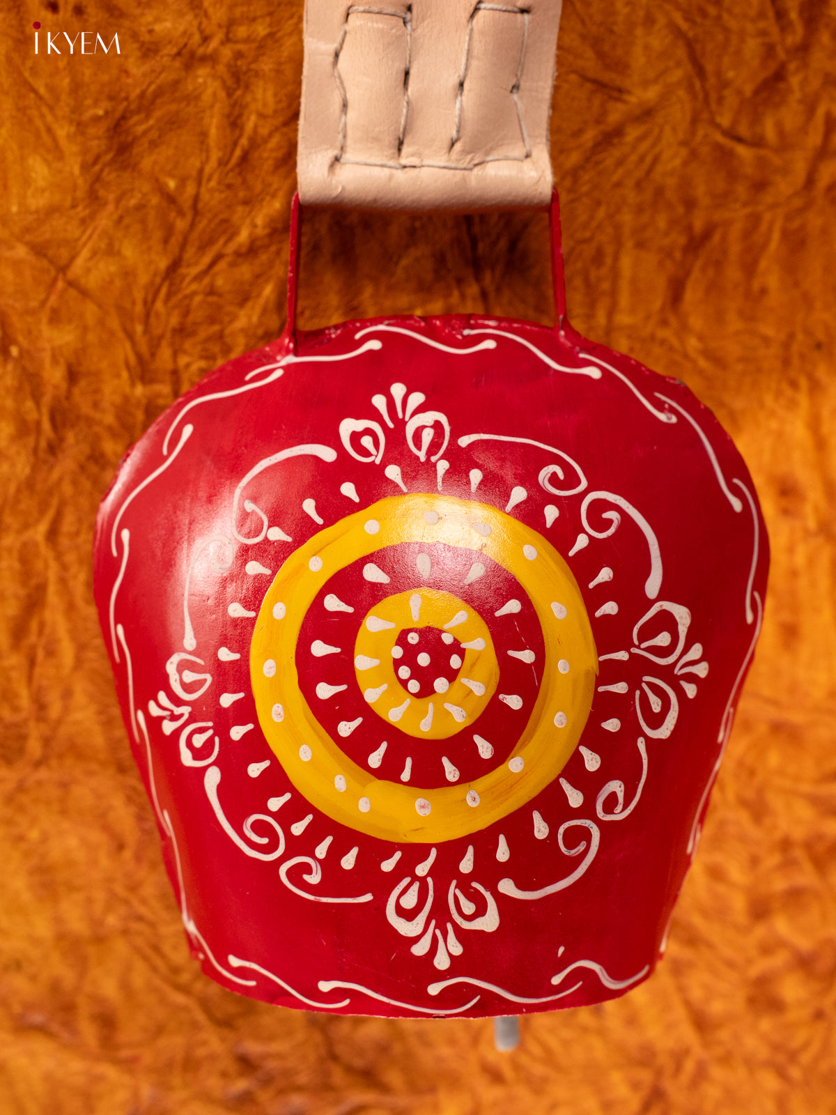 Hand Painted Cow Bell with Leather Handle - Medium - Red with Yellow - KA11143