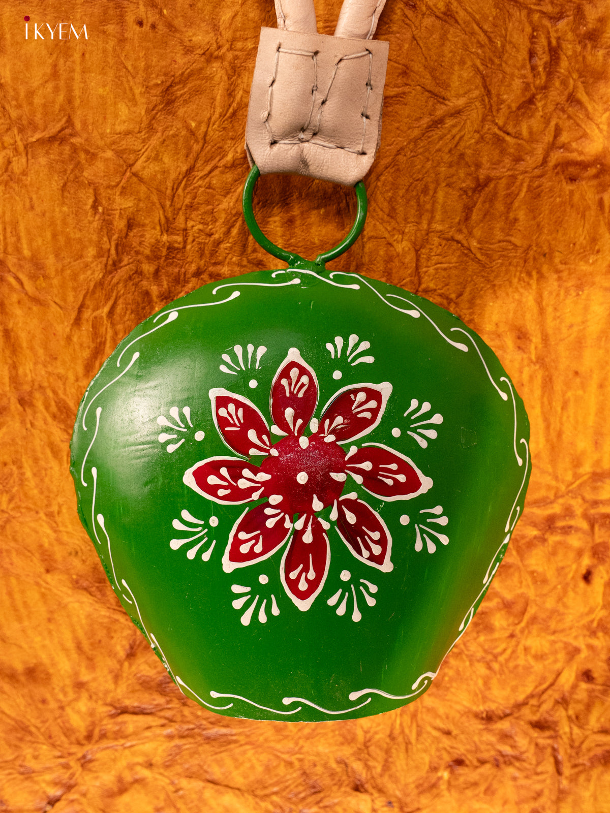 Hand Painted Cow Bell with Leather Handle - Big - Parrot Green - KA11145