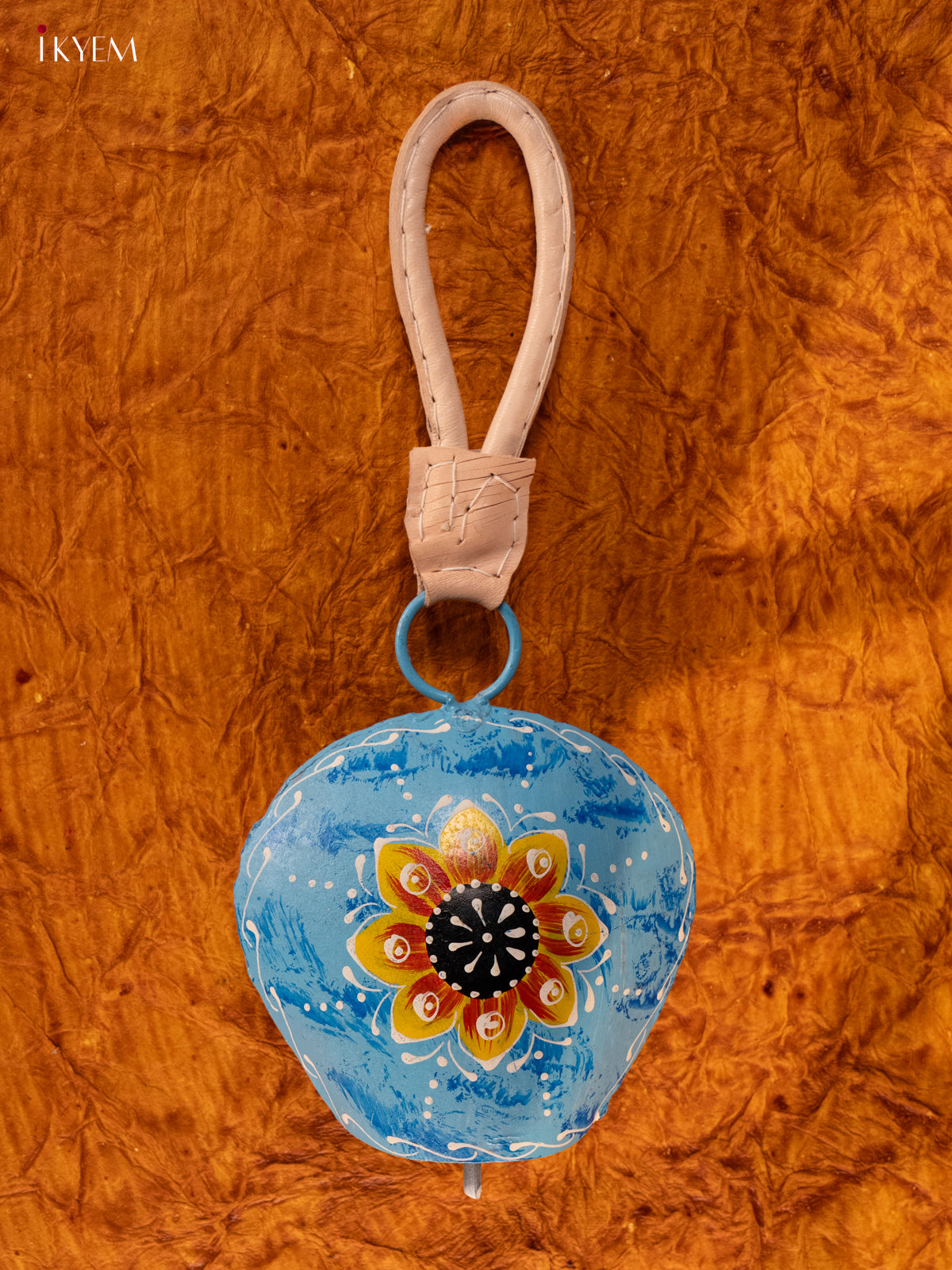 Hand Painted Cow Bell with Leather Handle - Big - Sky Blue - KA11146