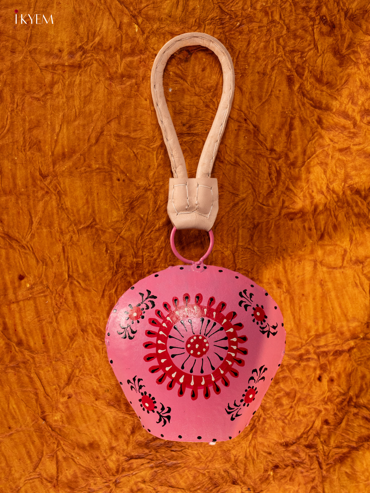 Hand Painted Cow Bell with Leather Handle - Big - Pink with Red - KA11147