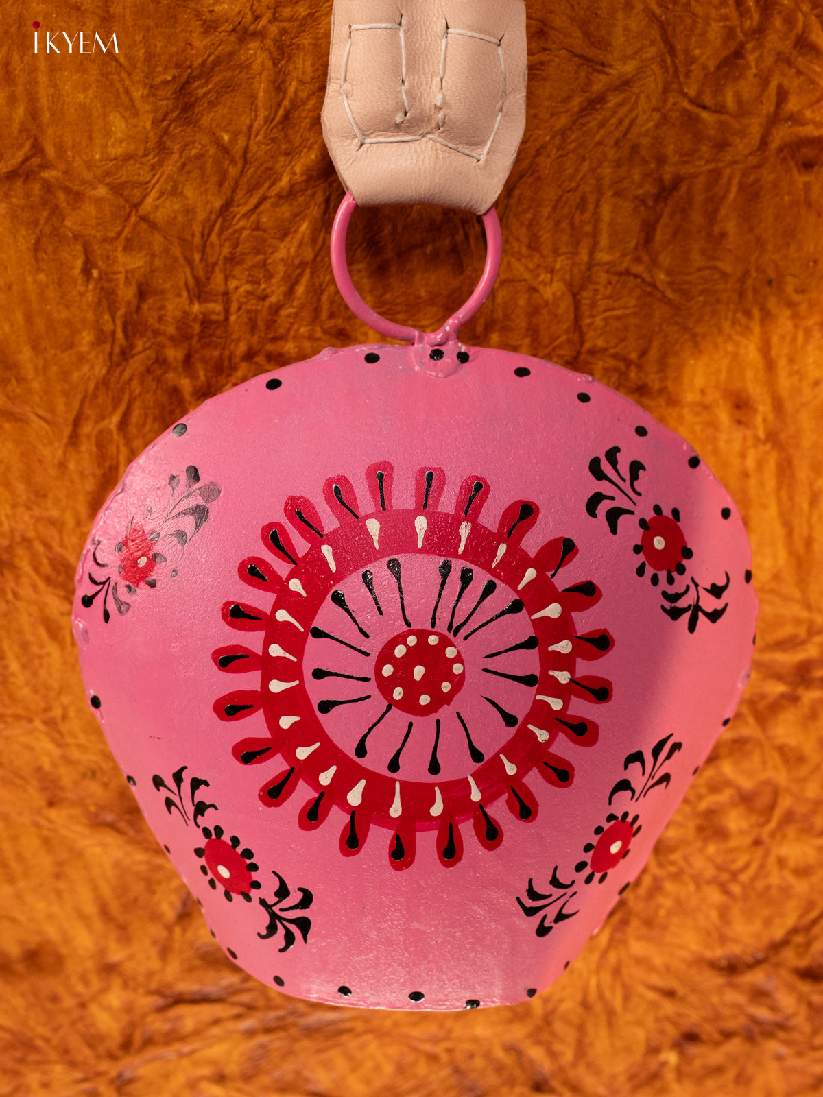 Hand Painted Cow Bell with Leather Handle - Big - Pink with Red - KA11147