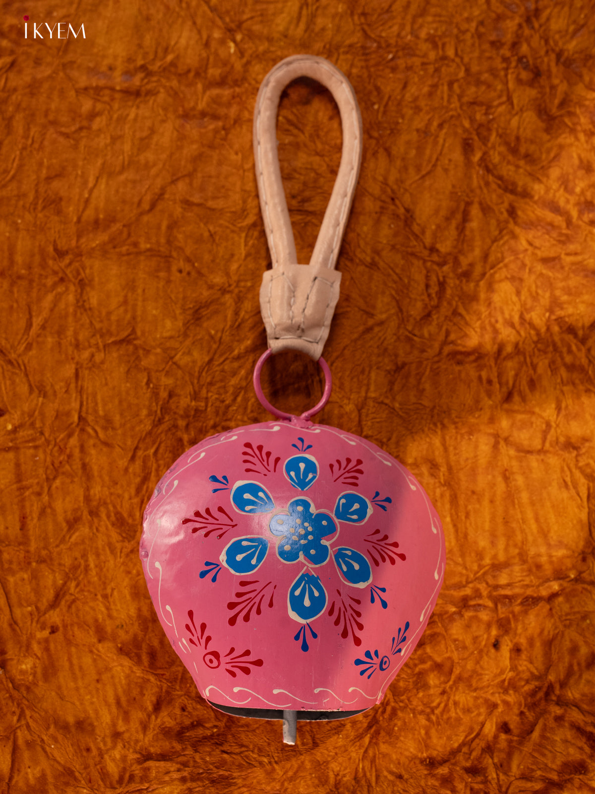 Hand Painted Cow Bell with Leather Handle - Big - Pink with Blue - KA11148