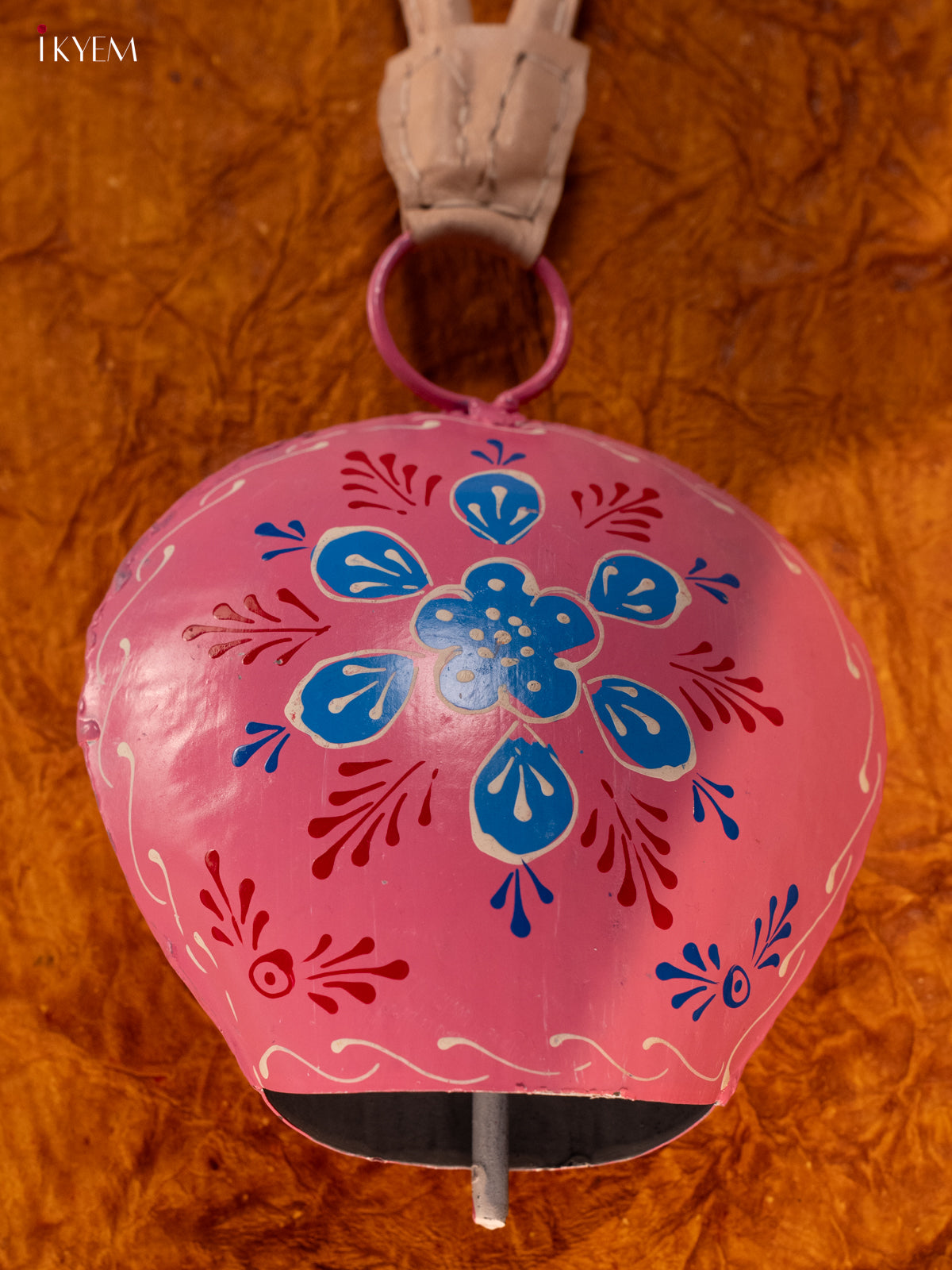 Hand Painted Cow Bell with Leather Handle - Big - Pink with Blue - KA11148