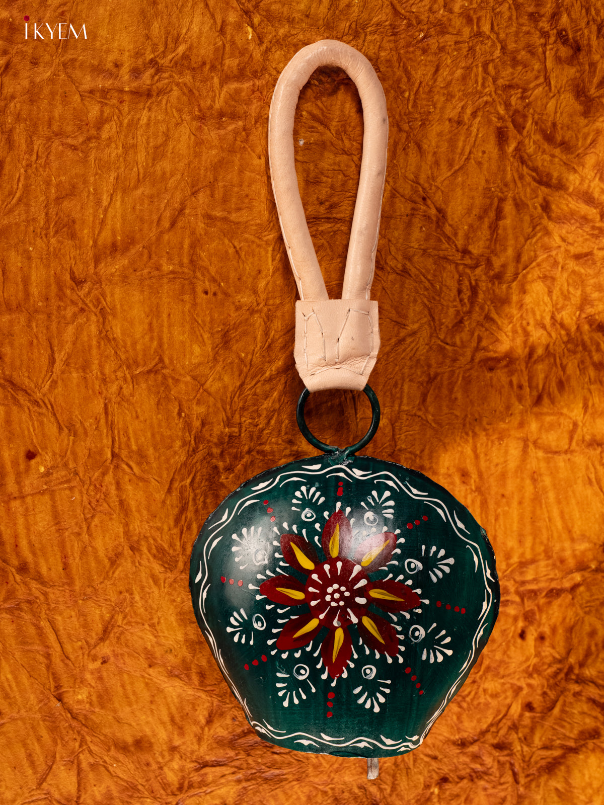 Hand Painted Cow Bell with Leather Handle - Big - Green with Red - KA11150