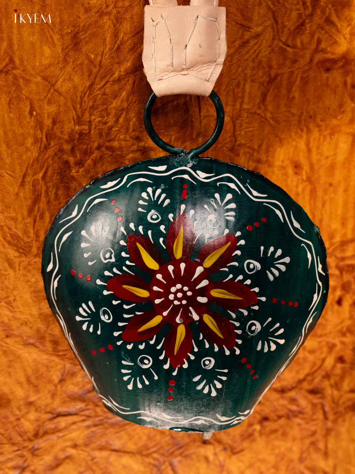 Hand Painted Cow Bell with Leather Handle - Big - Green with Red - KA11150