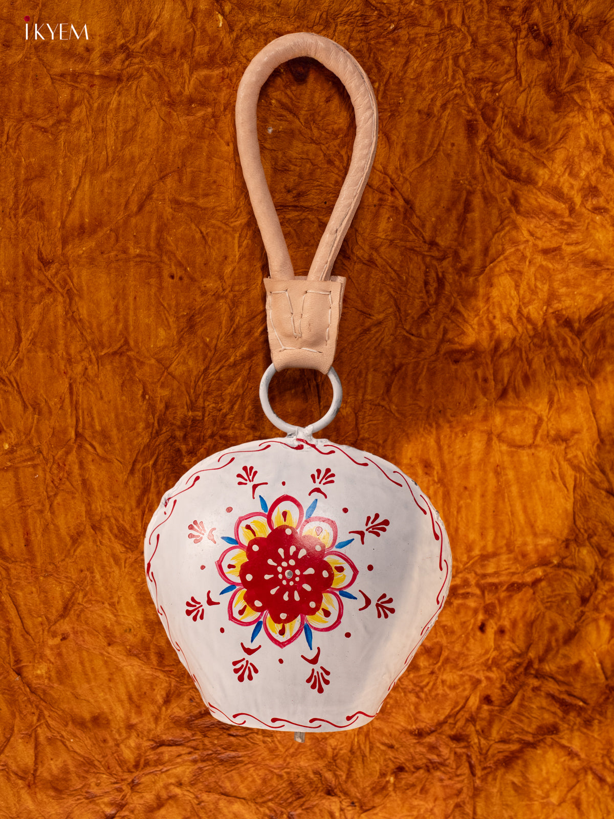 Hand Painted Cow Bell with Leather Handle - Big - White with Red - KA11151