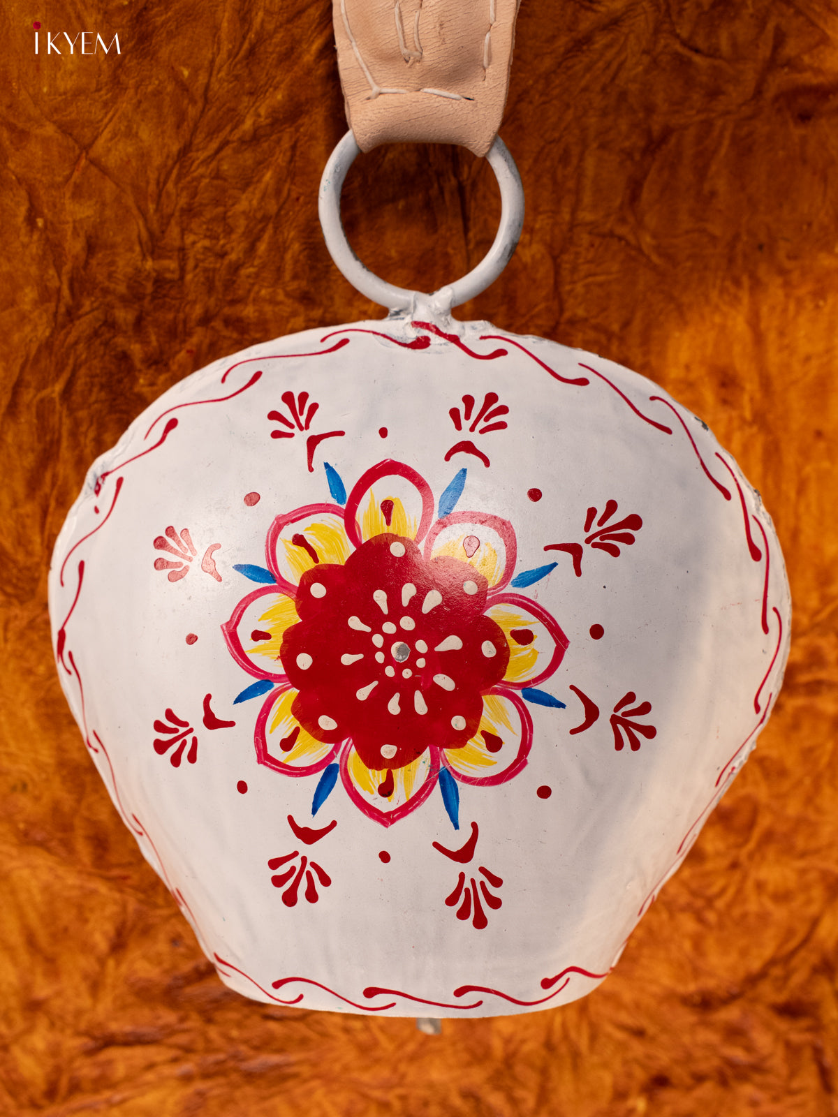 Hand Painted Cow Bell with Leather Handle - Big - White with Red - KA11151