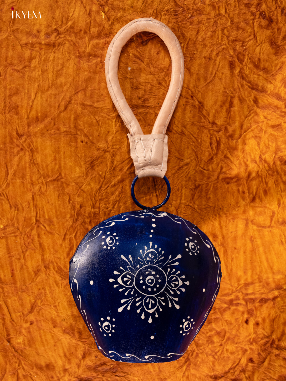 Hand Painted Cow Bell with Leather Handle - Big - Dark Blue - KA11153