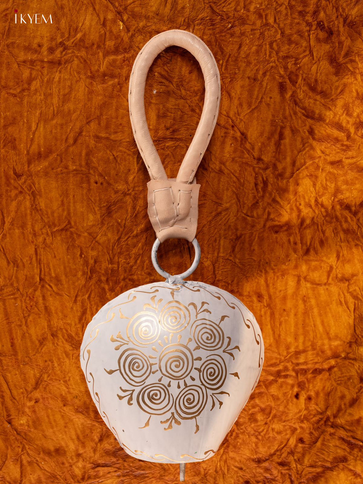 Hand Painted Cow Bell with Leather Handle - Big - White with Gold - KA11155